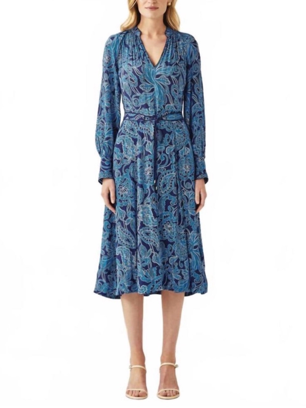 Cartolina Nantucket Blue Paisley V-Neck Long Sleeve Belted Midi Dress S